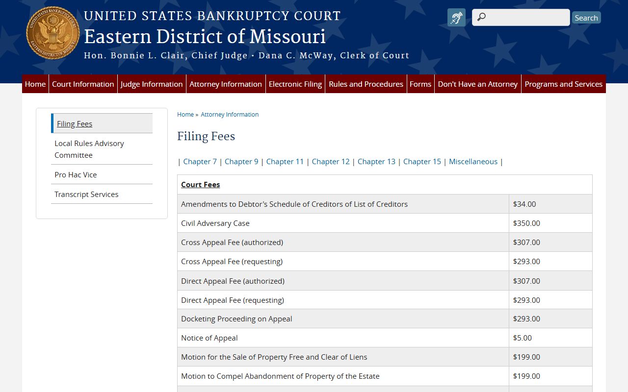 Missouri bankruptcy filing fees schedule for bankruptcy records